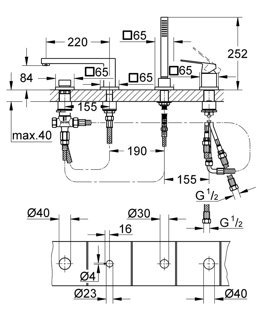19897001 EUROCUBE 4-HOLE SINGLE LEVER BATH COMBINATION-GROHE - 28 PCS