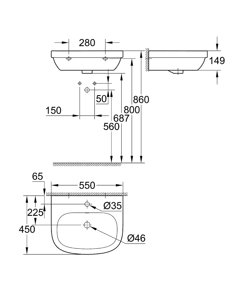 39336000 EURO CERAMIC WASHBASIN WALL HUNG 55X45 CM GROHE - 1 PCS