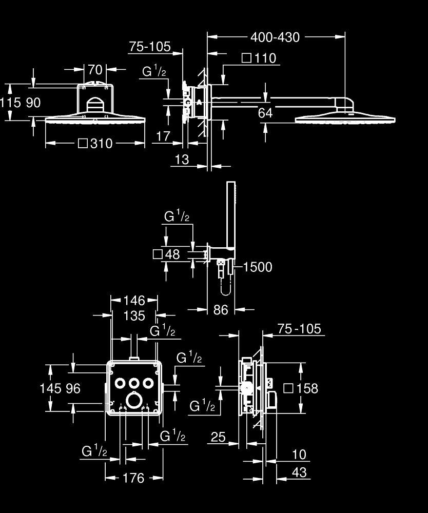34873000 SMARTCONTROL CONCEALED SHOWER SYSTEM WITH RAINSHOWER SMARTACTIVE 310 CUBE - GROHE - 7 PCS