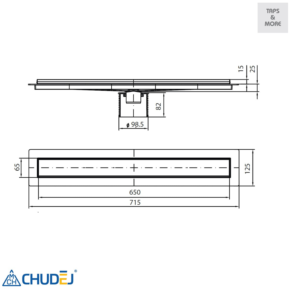 CH P 650 KN 1 ZL KLASIK(REVERSIBLE) "LINEAR FLOOR DRAIN - VERTICAL OUTLET D50 BODY IS MADE OF PLASTIC (PP) WITH STAINLESS STEEL FRAMESIZE 650 MM" WITH 804/1 HORIZONTAL SWIVEL SIPHON 360° - MCH - 6 SET