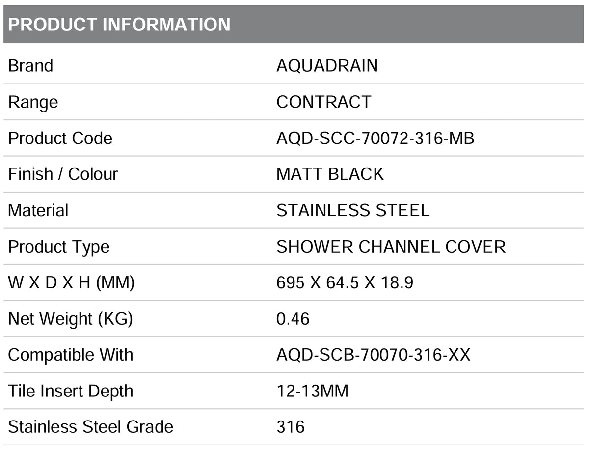 AQD-SCC-70072-316-MB CONTRACT REVERSIBLE SHOWER CHANNEL COVER WITH TILE INSERT 695X64.5X18.9 MM (GRADE 316) MATT BLACK - AQUADRAIN - 5 PCS