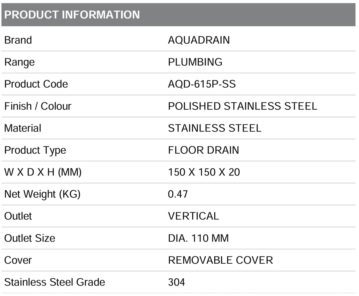 AQD-615P-SS FLOOR DRAIN WITH COVER VERTICAL OUTLET 11 CM 15X15 CM BAGNODESIGN UK - 45 PCS