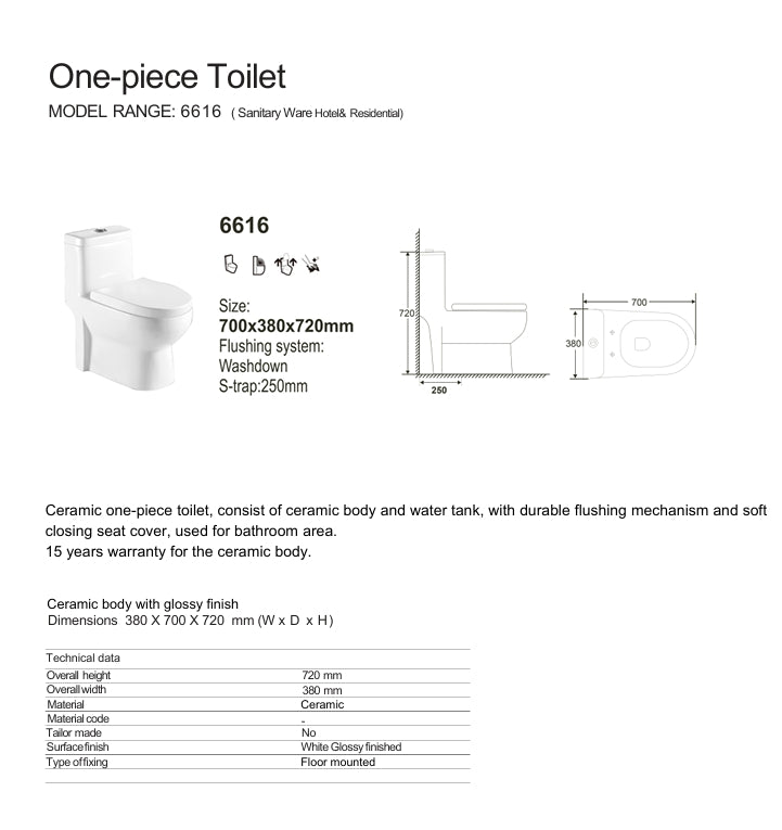 6616 CERAMIC ONE-PIECE TOILET, S-TRAP, WITH MECHANISM & PP SEAT COVER - WONDERFUL HK - 44 PCS