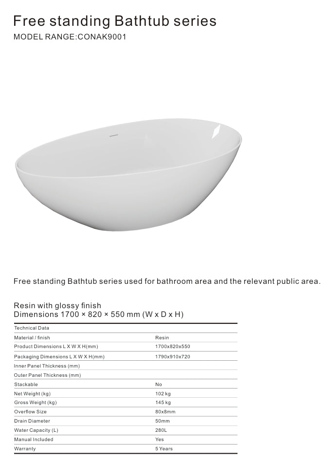 AK-9001 RESIN BATHTUB 1700X820X550MM 280L WITH OVERFLOW, DRAINER & DRAIN PIPE - CONSTAR - 0 SET