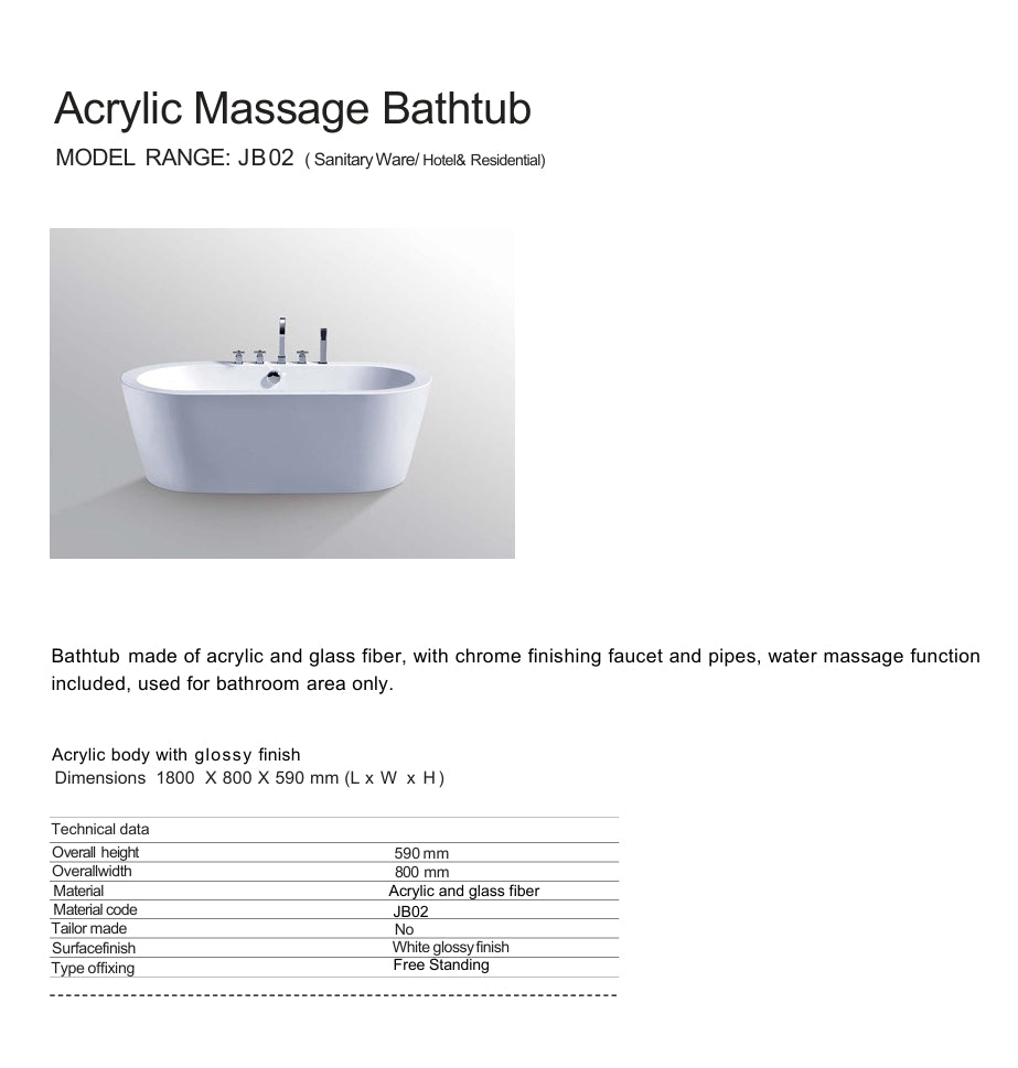 JB02 ACRYLIC MASSAGE BATHTUB 180X80CM WITH FAUCET AND WASTE PIPE - WONDERFUL HK - 7 PCS