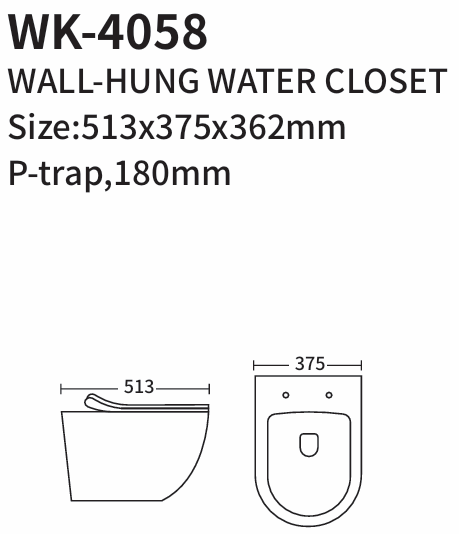 4058-180/UF WALL HUNG TOILET P-TRAP 180MM UF COVER 513X375X362MM - KSA - 0 PCS