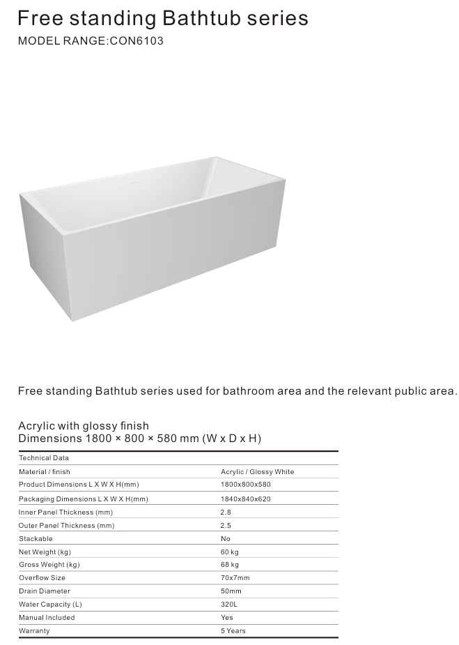 6103 ACRYLIC GLOSSY WHITE FREESTANDING BATHTUB 1800X800X580MM WITH STAINLESS STEEL FRAME + OVERFLOW+POP UP+ DRAIN PIPE + 1.5M MAGIC HOSE - CONSTAR - 9 SET