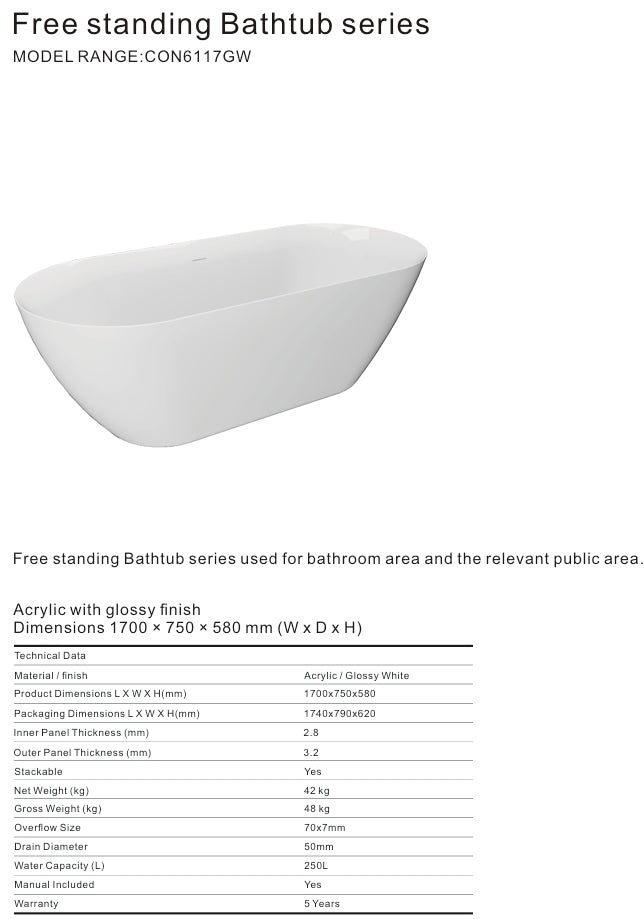 6117W ACRYLIC GLOSSY WHITE FREESTANDING BATHTUB 1700X750X580MM SHARP EGDE WITH STAINLESS STEEL FRAME + OVERFLOW+POP UP+ DRAIN PIPE+ 1.5M MAGIC HOSE - CONSTAR - 0 SET