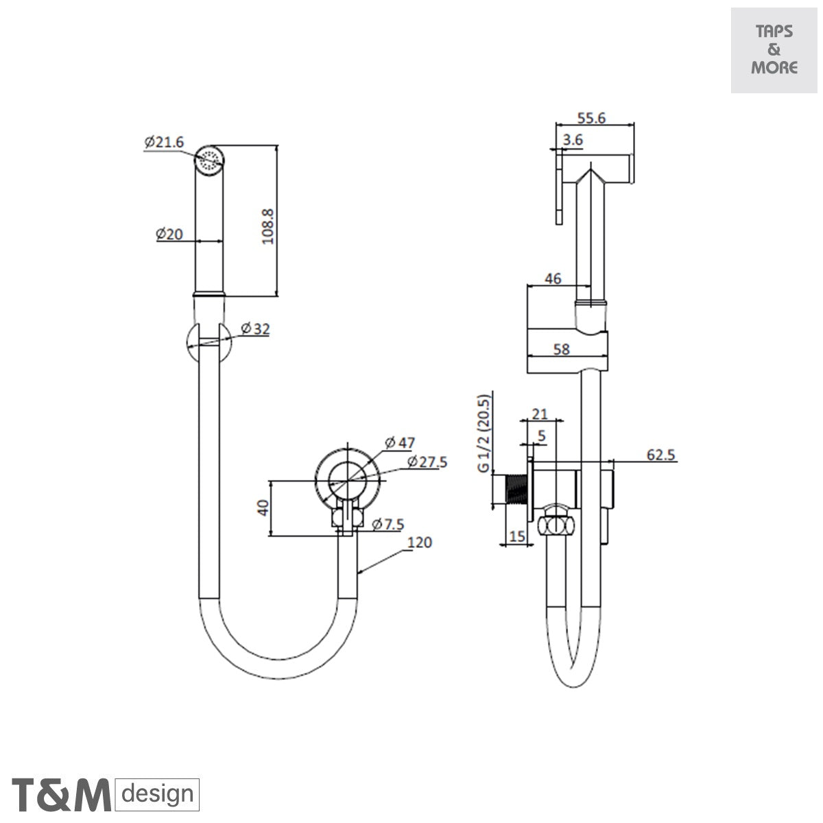 SSDVO1051SB ROUND SHATTAF SHOWER SET (TRIGGER SPRAY, WALL BRACKET, ANGLE VALVE 1/2X1/2 & 120CM HOSE) GOLD - T&M DESIGN - 1 SET