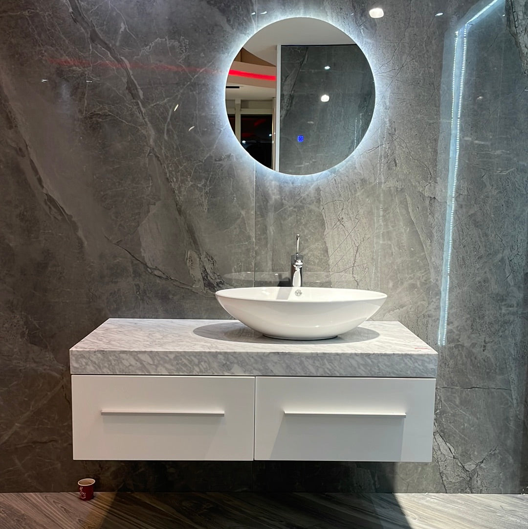 WB01 NATURAL MARBLE COUNTER TOP CERAMIC BASIN WITH CABINET & MIRROR - WONDERFUL HK - 0 SET