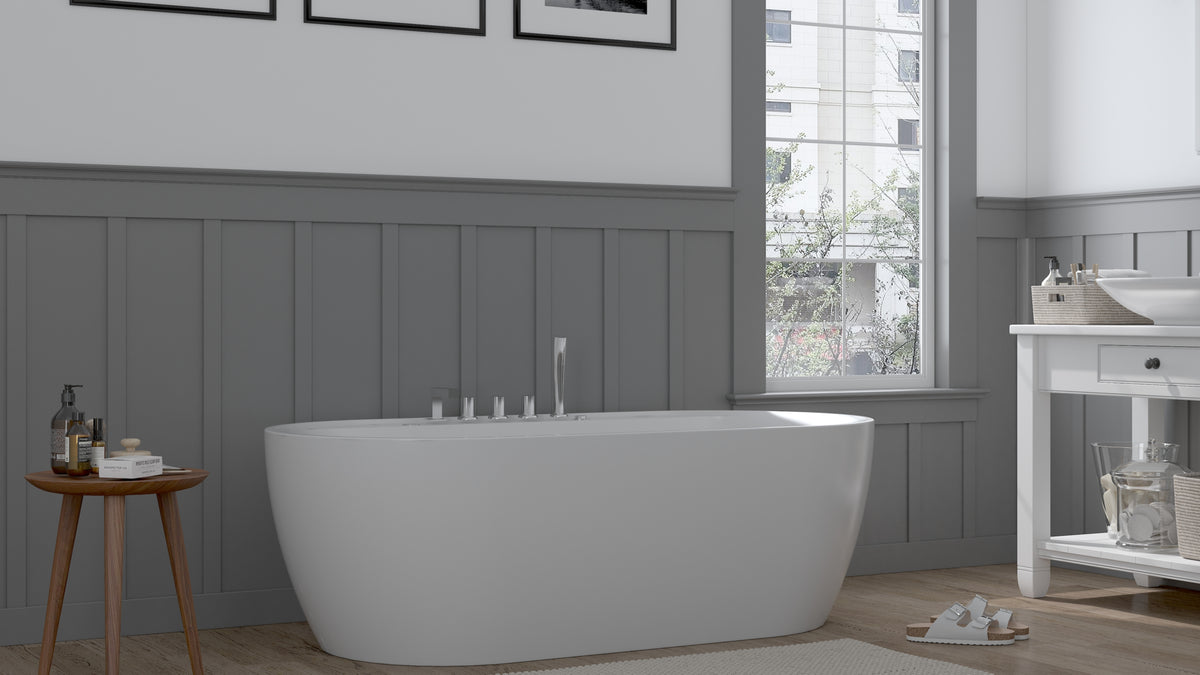 PRO-001 ACRYLIC WHITE GLOSSY FREESTANDING BATHTUB 1800X900X580MM WITH WATER PUMP X1HP (4PCS BIG JETS,6PCS SMALLER JETS),COLORFUL LED LIGHT, OVERFLOW, DRAIN, MIXER + 1.5M MAGIC HOSE - CONSTAR - 1 SET