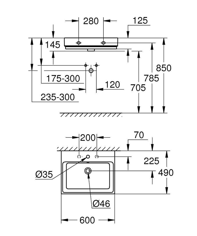3947300H CUBE CERAMIC WASHBASIN WALL HUNG 60X49 CM GROHE - 3 PCS