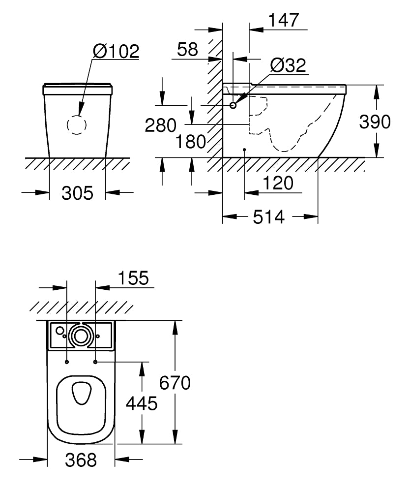39338000 EURO CERAMIC CLOSE COUPLED WC PAN GROHE - 3 PCS