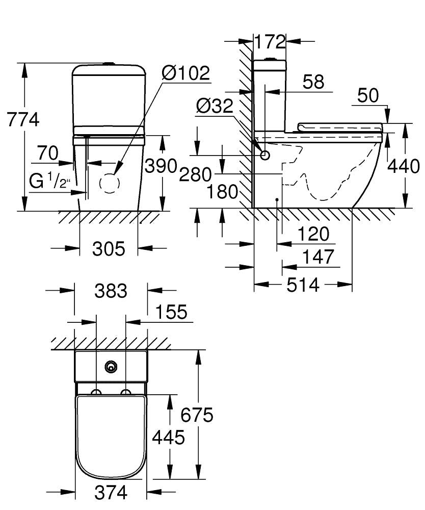39462000 EURO CERAMIC FLOOR STANDING 2 PIECE WC SET - GROHE - 3 PCS