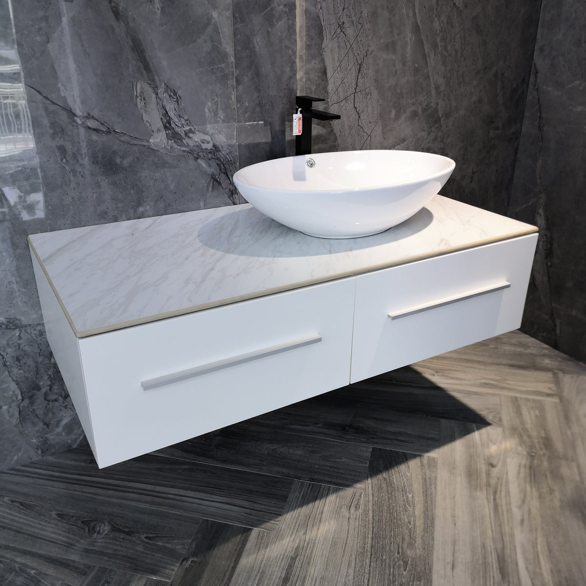 WB01 NATURAL MARBLE COUNTER TOP CERAMIC BASIN WITH CABINET & MIRROR - WONDERFUL HK - 0 SET