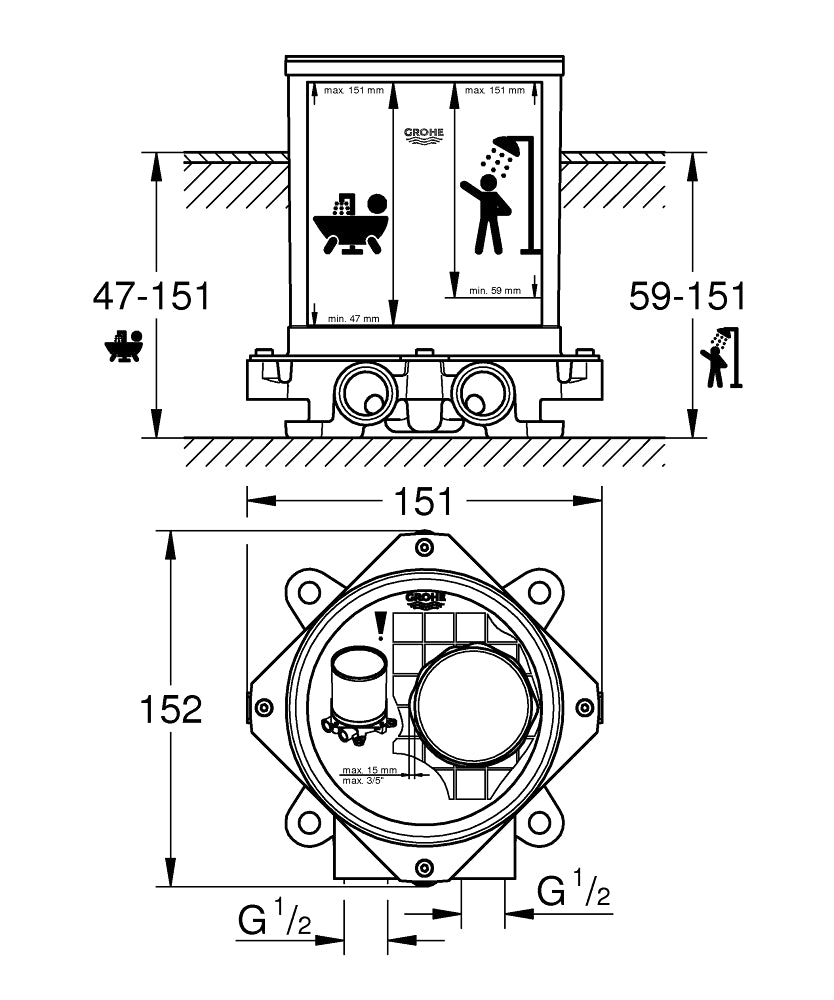 29086000 ROUGH-IN SET Â½" FOR FLOOR MOUNTED TUB SPOUTS AND MIXERS WITHOUT FINISHING TRIM SET GROHE - 0 PCS