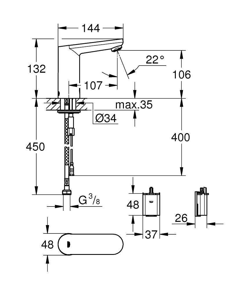 36439000 EUROSMART COSMOPOLITAN E INFRA-RED ELECTRONIC BASIN TAP 1/2″ - GROHE - 4 PCS