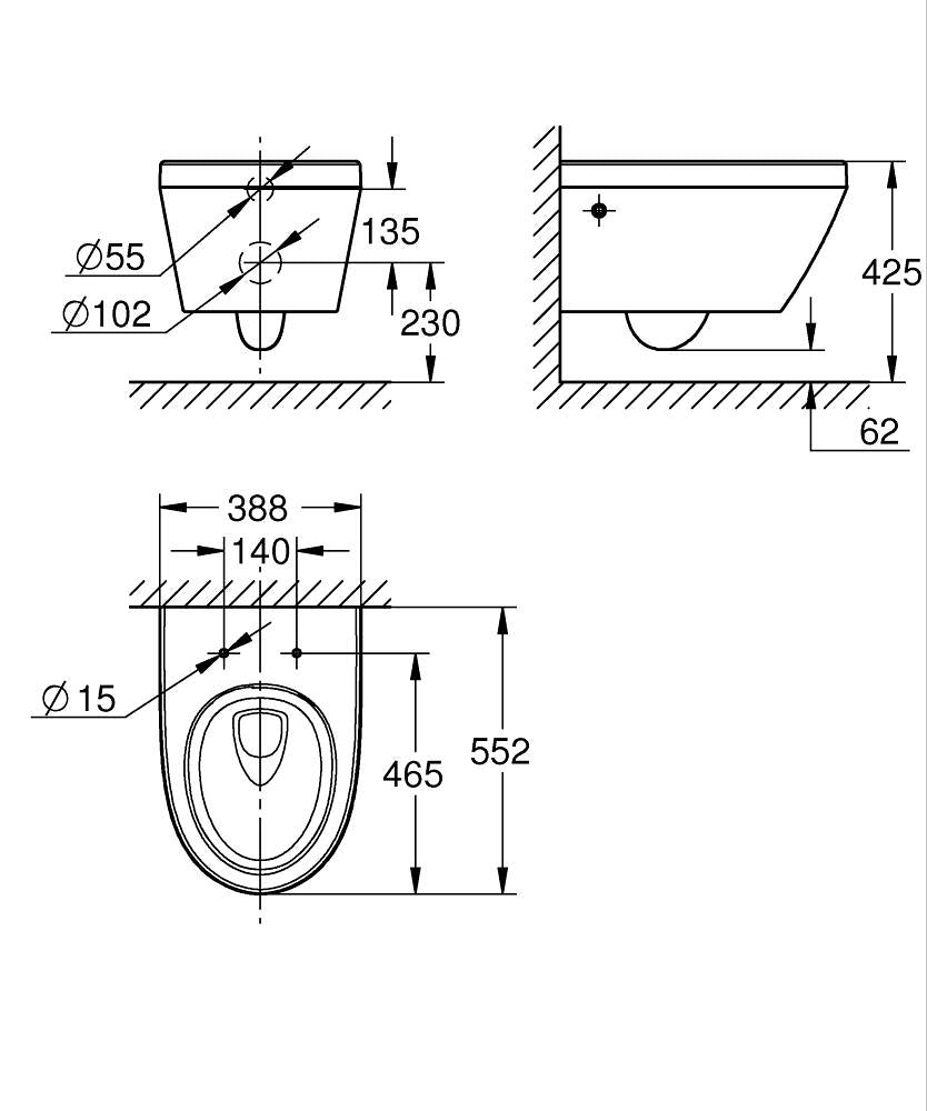 101001SH00 EURO CERAMIC 2.0 WALL HUNG TOILET WITHOUT SEAT AND COVER - GROHE - 56 PCS