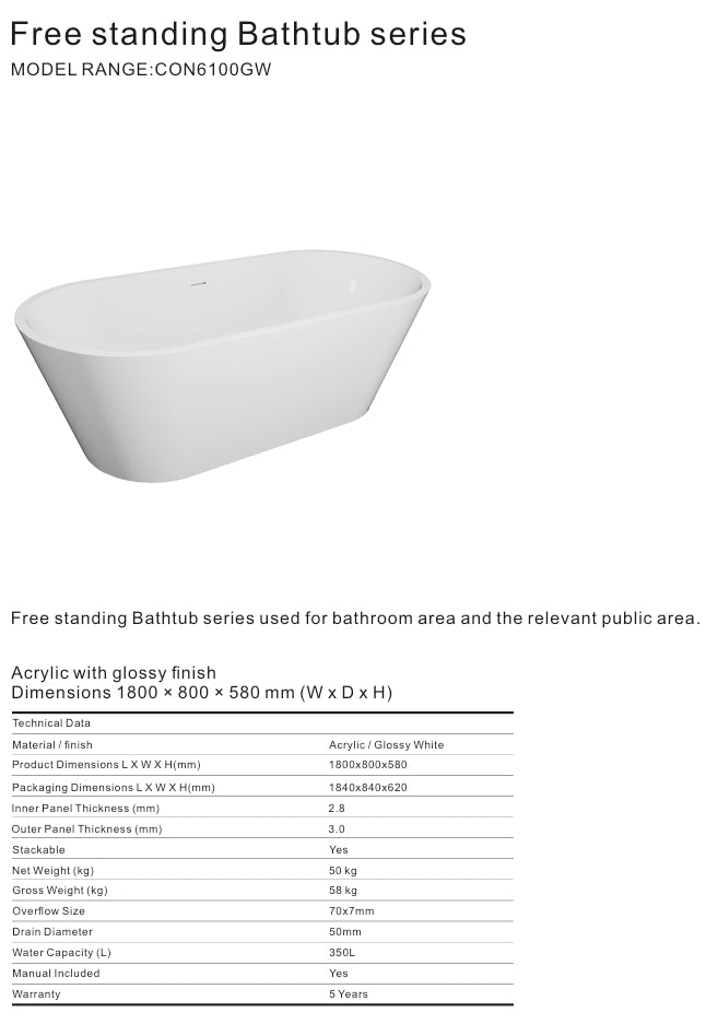 6100 ACRYLIC GLOSSY WHITE FREESTANDING WIDE EDGE BATHTUB 1800X800X580MM SHARP EGDE WITH STAINLESS STEEL FRAME + OVERFLOW+POP UP+ DRAIN PIPE+ 1.5M MAGIC HOSE - CONSTAR - 12 SET