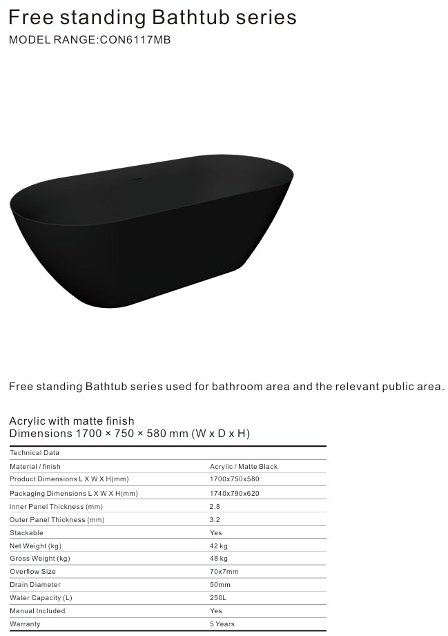 6117MB ACRYLIC MATTE BLACK FREESTANDING BATHTUB 1700X750X580MM SHARP EGDE WITH STAINLESS STEEL FRAME + OVERFLOW+POP UP+ DRAIN PIPE+ 1.5M MAGIC HOSE - CONSTAR - 1 SET