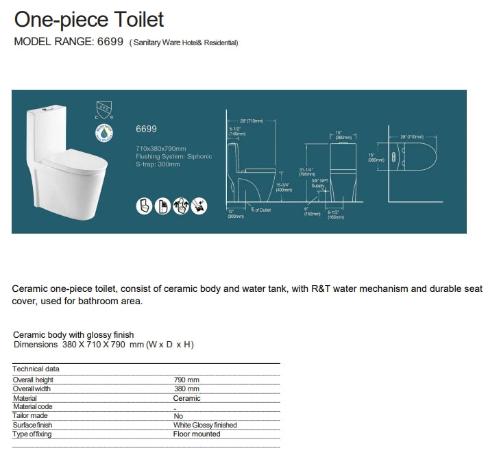 6699 CERAMIC TOILET 710X380X795 S-TRAP RUCH-IN FLUSHING SYSTEM - WONDERFUL HK - 4 PCS