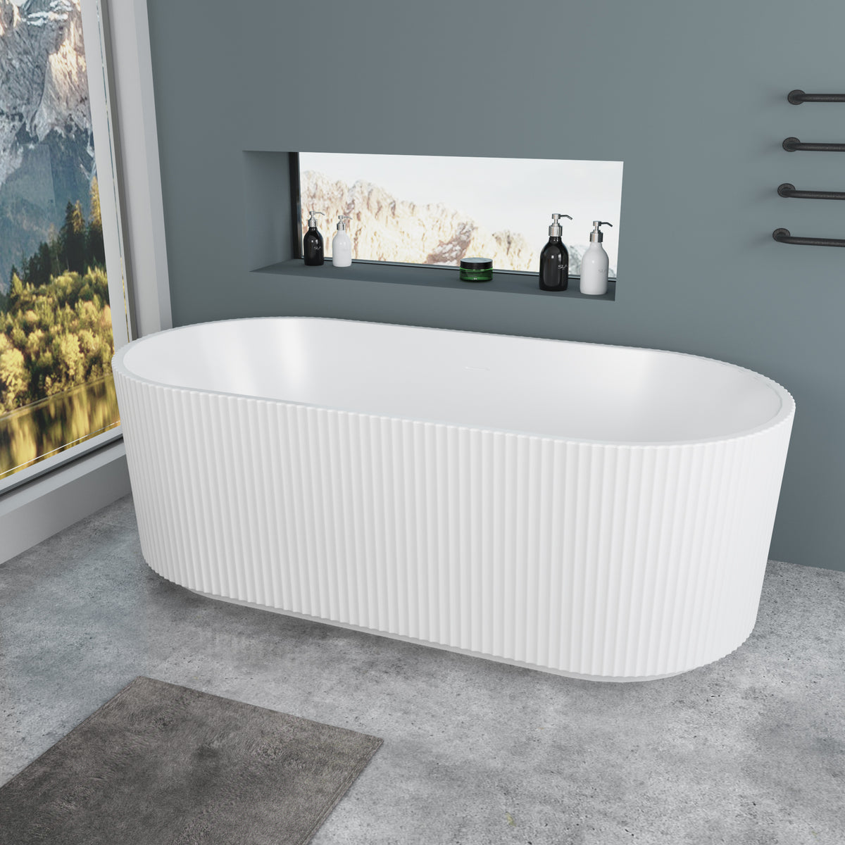 7102 ACRYLIC GLOSSY WHITE FREESTANDING BATHTUB 1700X800X580MM FLUTED SHAPE AND WIDE EDGE WITH STAINLESS STEEL FRAME + OVERFLOW+POP UP+ DRAIN PIPE - CONSTAR - 1 SET