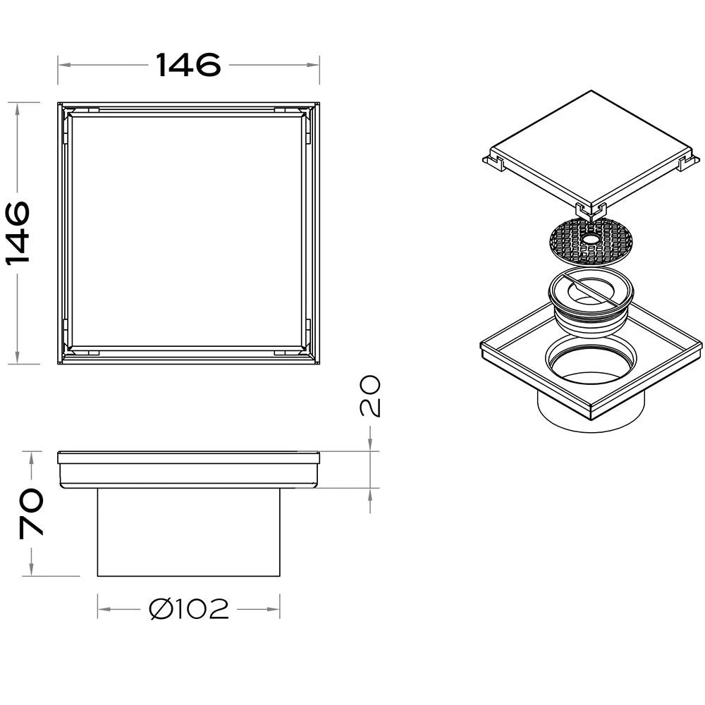 AQD-TDV-14143-316-MB CONTRACT REV. FLOOR DRAIN WITH ANTI-ODOUR TRAP 146X146X70 MM (GRADE 316) MATT BLACK - AQUADRAIN - 19 PCS
