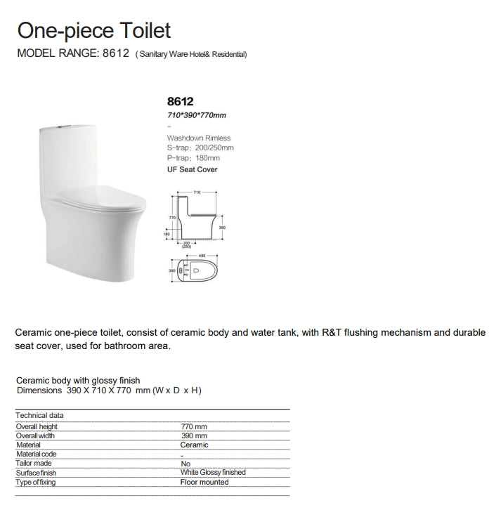 8612 CERAMIC TOILET S-TRAP 710X390X770MM WITH UF SEAT COVER, R&T MECHANISM - WONDERFUL HK - 0 PCS