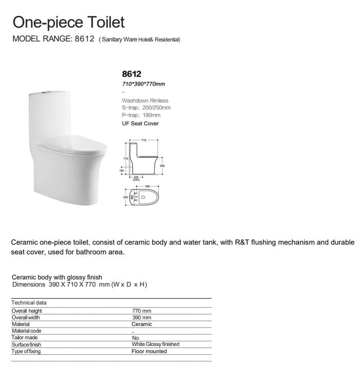 8612 CERAMIC TOILET S-TRAP 710X390X770MM WITH UF SEAT COVER, R&T MECHANISM - WONDERFUL HK - 0 PCS