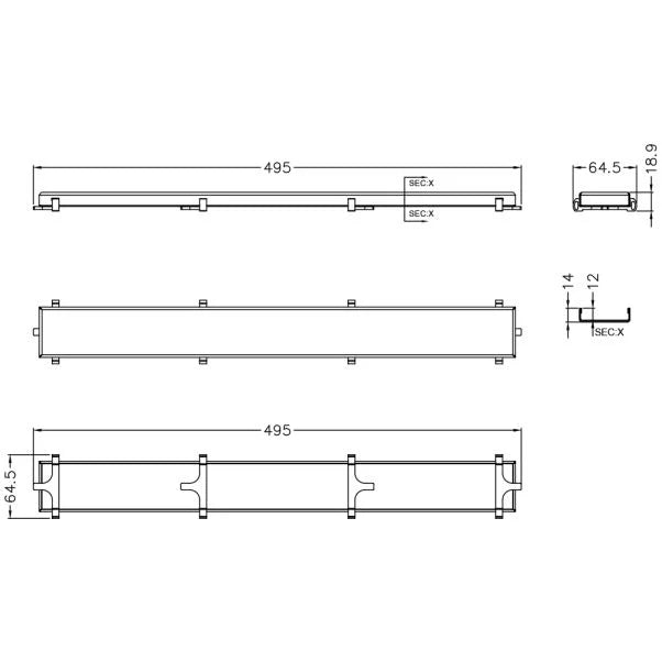 AQD-SCC-50072-316-BS CONTRACT REVERSIBLE SHW CHANNEL COVER WITH TILE INSERT 495X64.5X18.9MM (GRADE 316) BRUSHED STAINLESS STEEL - AQUADRAIN - 185 PCS
