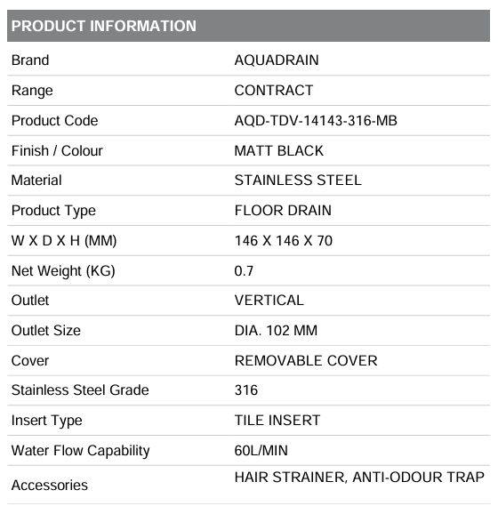 AQD-TDV-14143-316-MB CONTRACT REV. FLOOR DRAIN WITH ANTI-ODOUR TRAP 146X146X70 MM (GRADE 316) MATT BLACK - AQUADRAIN - 19 PCS