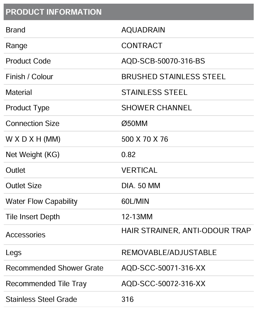 AQD-SCB-50070-316-BS CONTRACT SHOWER CHANNEL BASE 500X70X75MM (GRADE 316) BRUSHED STAINLESS STEEL - AQUADRAIN - 270 PCS
