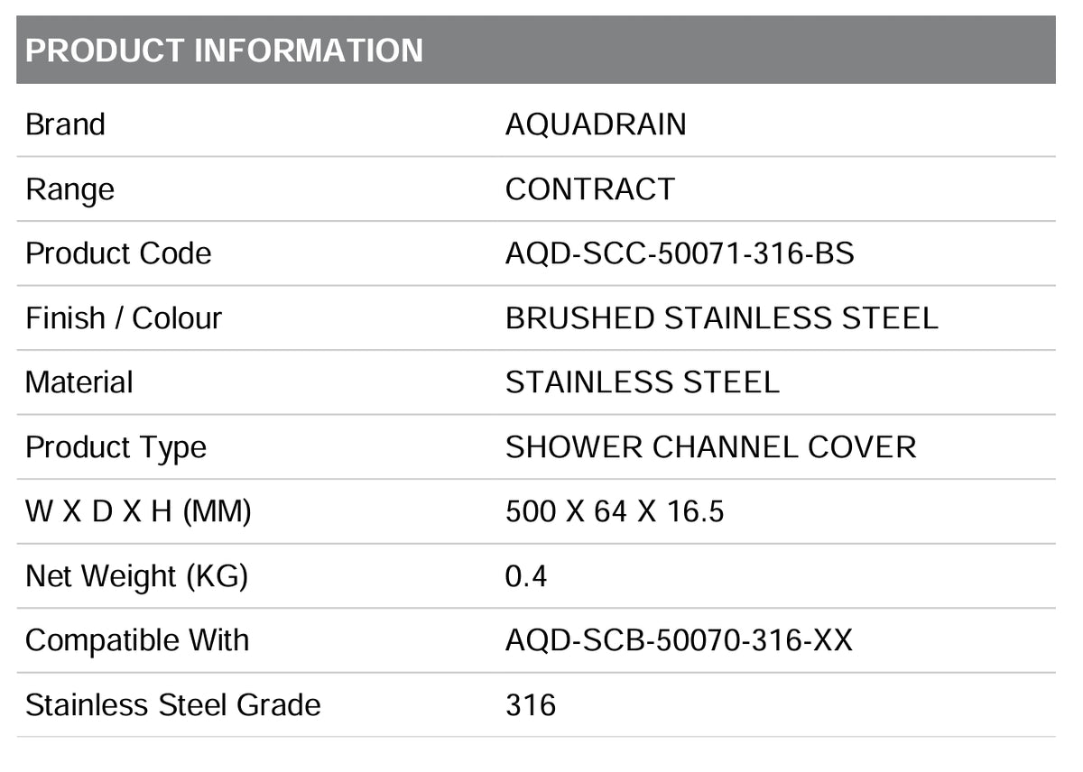 AQD-SCC-50071-316-BS CONTRACT SHOWER CHANNEL GRATE 500X64X16.5MM (GRADE 316) BRUSHED STAINLESS STEEL - AQUADRAIN - 84 PCS