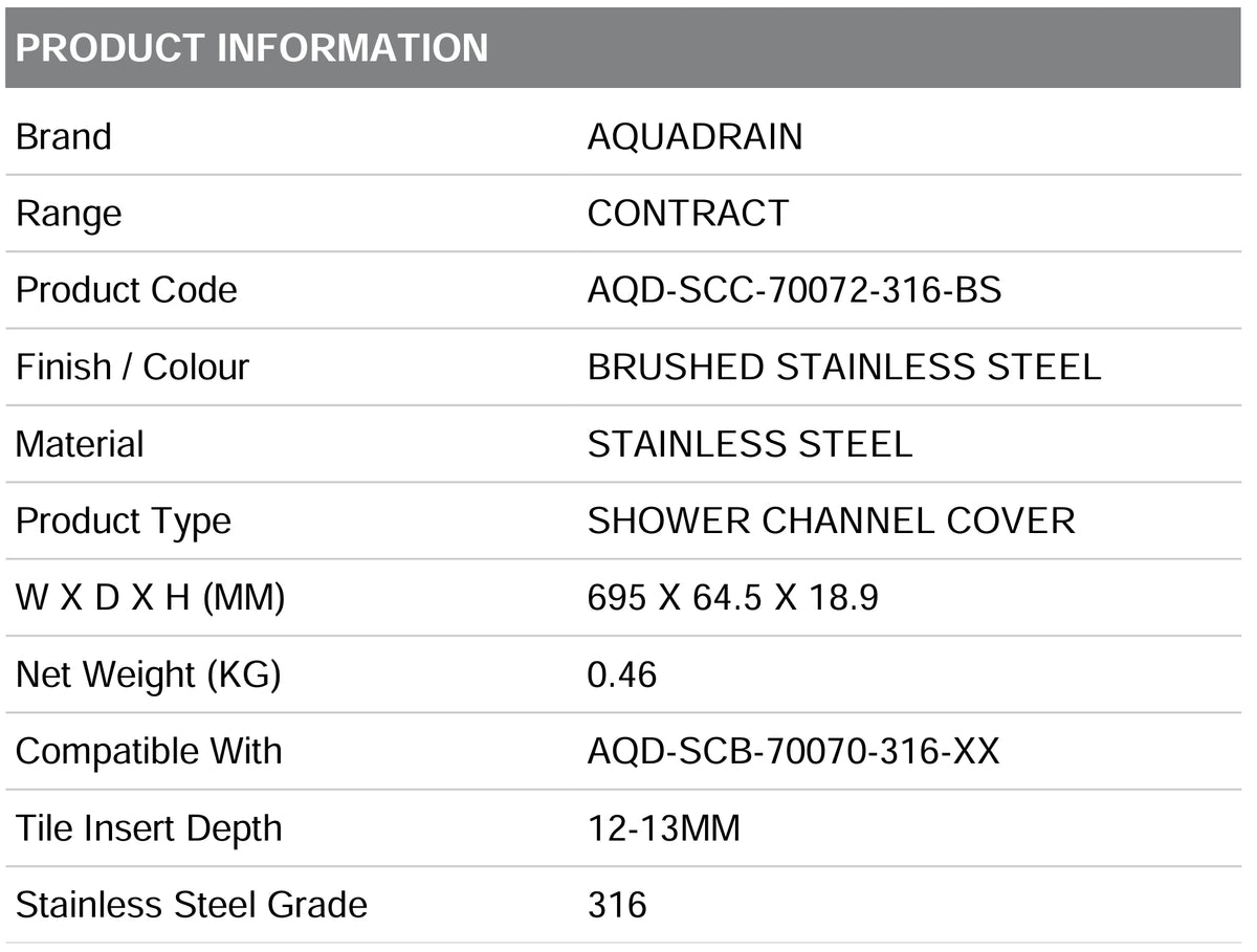 AQD-SCC-70072-316-BS CONTRACT REVERSIBLE SHOWER CHANNEL COVER WITH TILE INSERT 695X64.5X18.9MM (GRADE 316) BRUSHED STAINLESS STEEL - AQUADRAIN - 74 PCS