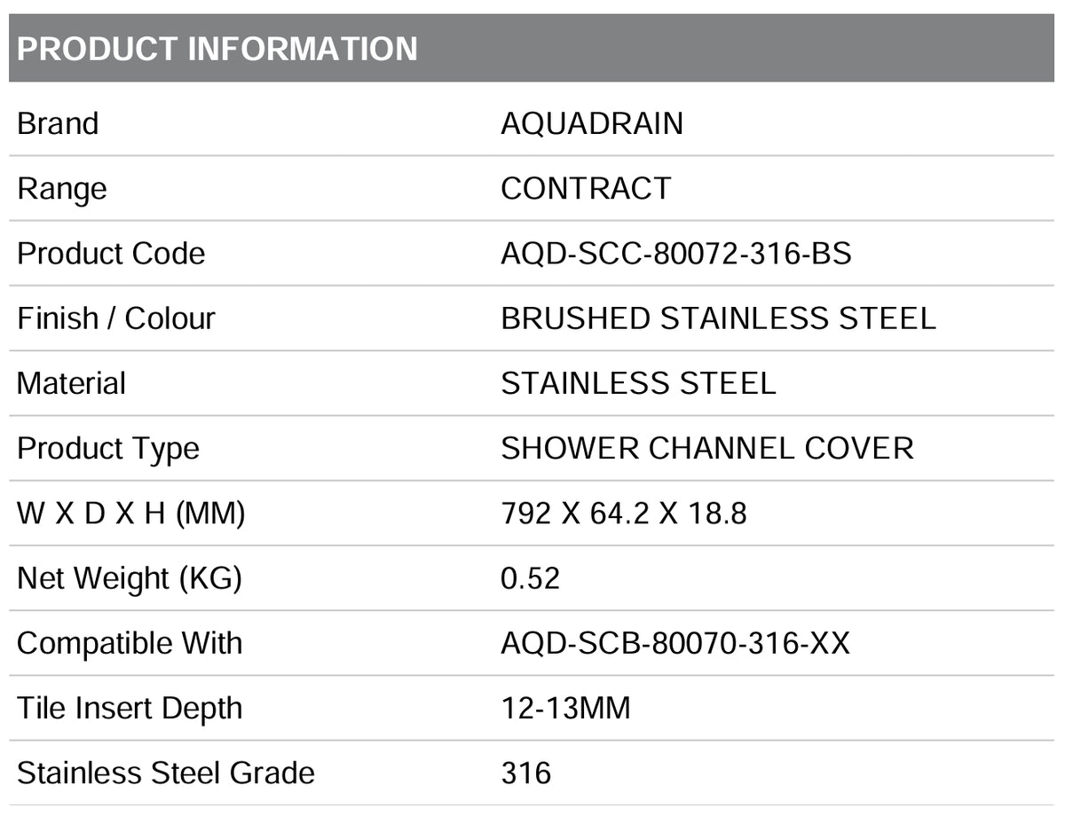 AQD-SCC-80072-316-BS CONTRACT REVERSIBLE SHW CHANNEL COVER WITH TILE INSERT 792X64.2X18.8MM (GRADE 316) BRUSHED STAINLESS STEEL - AQUADRAIN - 26 PCS