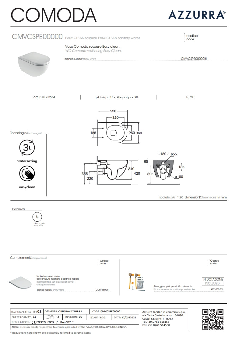 CMVCSPE00000BI WC COMODA EASY-CLEAN WALL-H WHITE - AZZURRA ITALY - 8 PCS