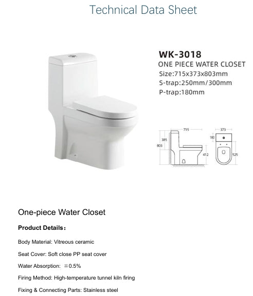 3018-250/PP-01 ONE PIECE WATER CLOSET S-TRAP 250MM PP COVER 715X373X803MM - KSA - 229 PCS