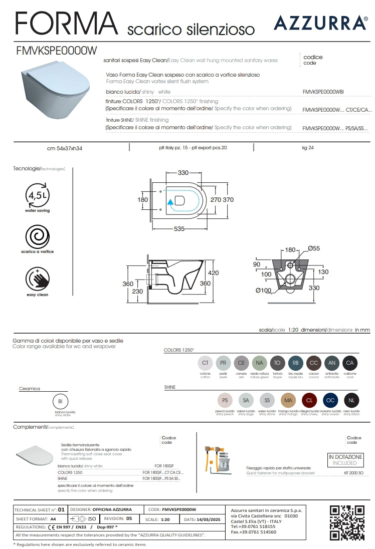 FMVKSPE00000CA WC FORMA EASY-CLEAN WALL-H COAL - AZZURRA - 0 PCS