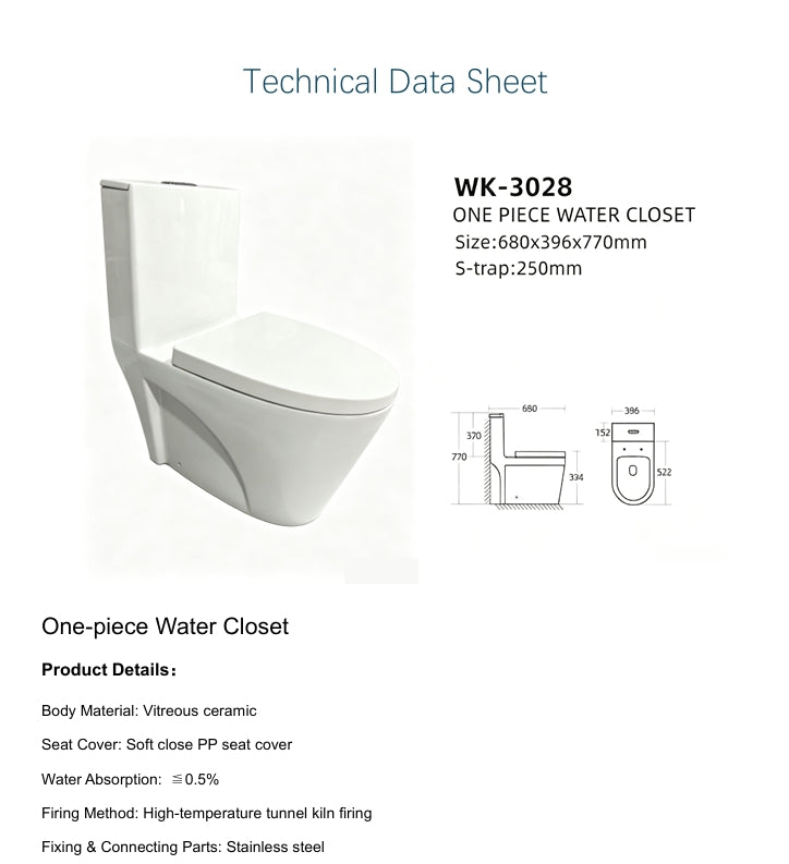 3028-250/PP-01 ONE PIECE WATER CLOSET S-TRAP 250MM PP COVER 680X396X770MM - KSA - 322 PCS
