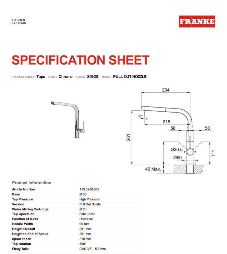 115.0260.562 SINOS PULLOUT KITCHEN HIGH SPOUT SINK MIXER-FRANKE - 1 PCS