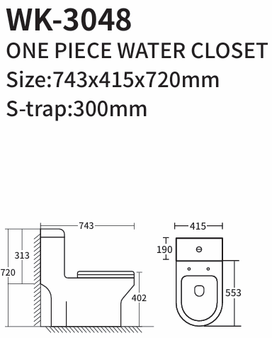 3048-300/PP-01 ONE PIECE WATER CLOSET S-TRAP 300MM PP COVER 743X415X720MM - KSA - 73 PCS