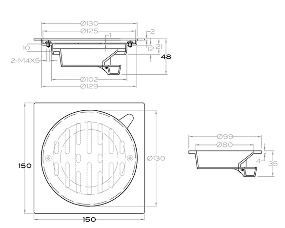 AQD-615P-A-PS FLOOR DRAIN VERTICAL OUTLET WITH ANTI-ODOUR POLISHED STAINLESS STEEL 150X150X20 MM BAGNODESIGN UK - 148 PCS