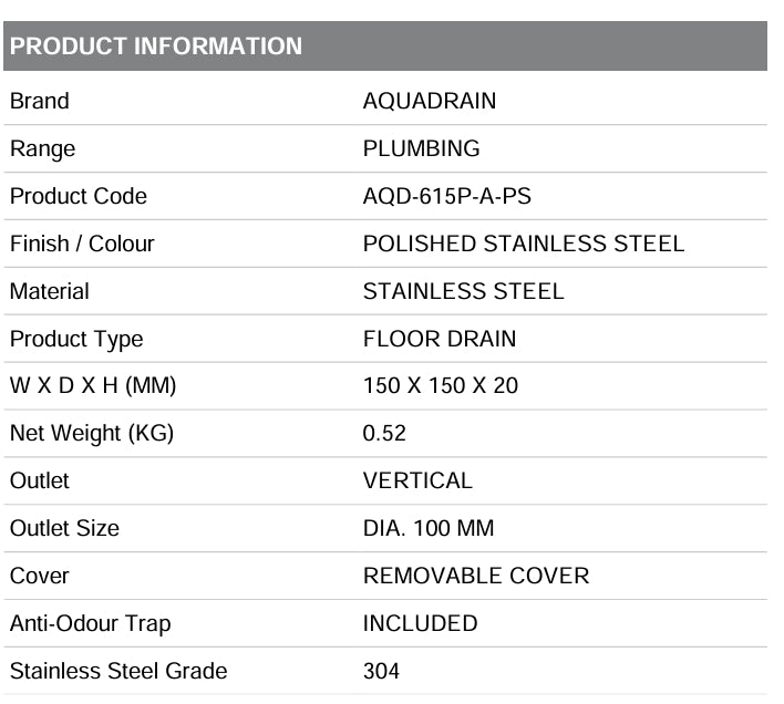 AQD-615P-A-PS FLOOR DRAIN VERTICAL OUTLET WITH ANTI-ODOUR POLISHED STAINLESS STEEL 150X150X20 MM BAGNODESIGN UK - 148 PCS