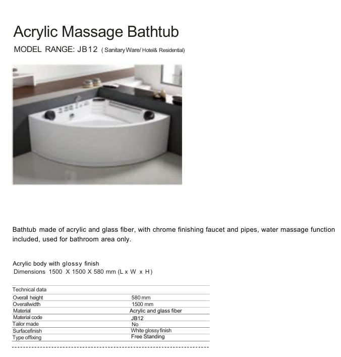 JB12 ACRYLIC MASSAGE BATHTUB 150X150CM WITH FAUCET AND WASTE PIPE - WONDERFUL HK - 13 PCS
