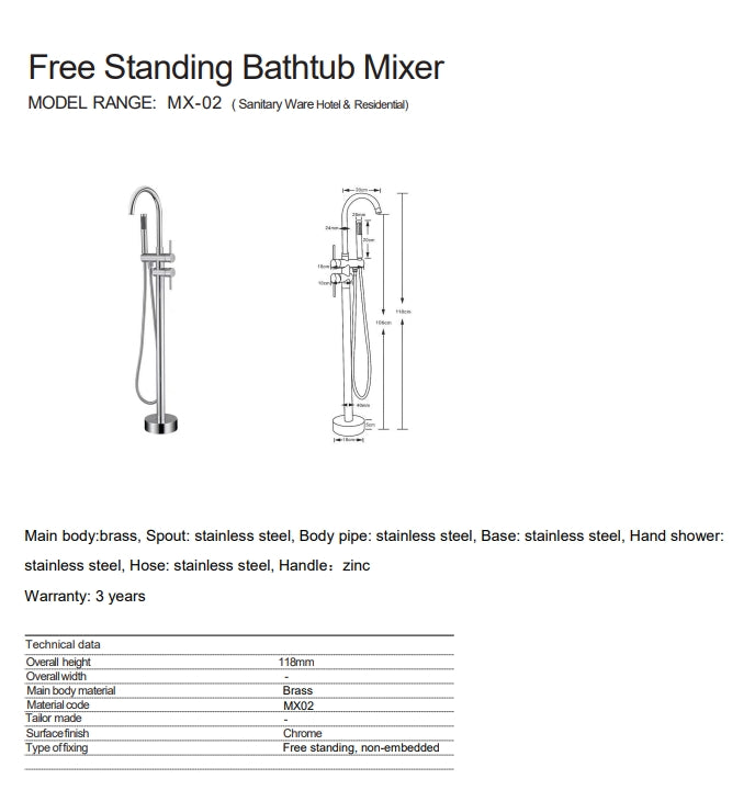 MX-02 FREE STANDING BATH MIXER WITH HAND-HELD SHOWER - WONDERFUL HK - 1 PCS