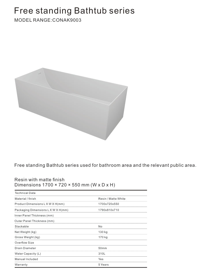 AK-9003 RESIN MATTE WHITE FREESTANDING BATHTUB 1700X720X550MM WITH OVERFLOW+POP UP+ DRAIN PIPE+ 1.5M MAGIC HOSE - CONSTAR - 6 SET