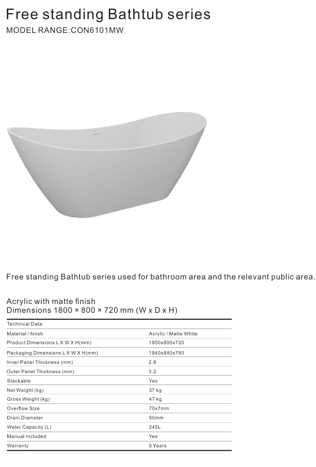 6101 ACRYLIC MATTE WHITE FREESTANDING WIDE EDGE BATHTUB 1800X800X720MM SHARP EGDE WITH STAINLESS STEEL FRAME + OVERFLOW+POP UP+ DRAIN PIPE+ 1.5M MAGIC HOSE - CONSTAR - 2 SET