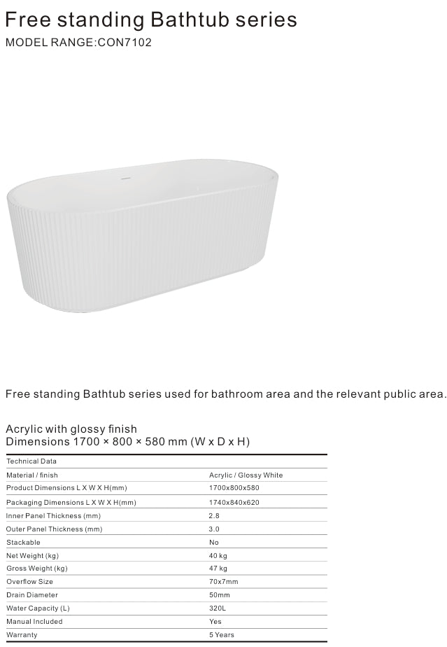 7102 ACRYLIC GLOSSY WHITE FREESTANDING BATHTUB 1700X800X580MM FLUTED SHAPE AND WIDE EDGE WITH STAINLESS STEEL FRAME + OVERFLOW+POP UP+ DRAIN PIPE - CONSTAR - 1 SET