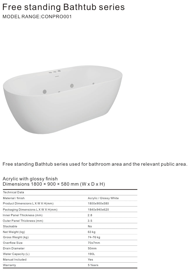 PRO-001 ACRYLIC WHITE GLOSSY FREESTANDING BATHTUB 1800X900X580MM WITH WATER PUMP X1HP (4PCS BIG JETS,6PCS SMALLER JETS),COLORFUL LED LIGHT, OVERFLOW, DRAIN, MIXER + 1.5M MAGIC HOSE - CONSTAR - 1 SET