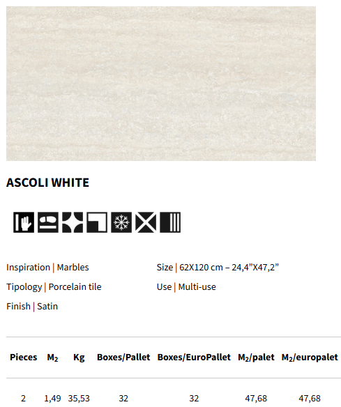 ASCOLI WHITE 62X120CM - ELMOLINO SPAIN - 28 M2